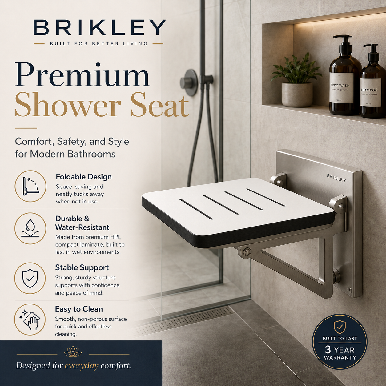 Brikley HPL Foldable Shower Bench: A Durable, Waterproof, And Human-Centered Bathroom Solution